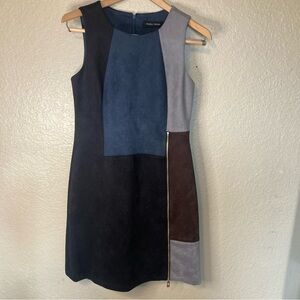 Ivanka Trump Patchwork Faux-Suede Dress Size 4 Blue Black Gray Brown Multicolor